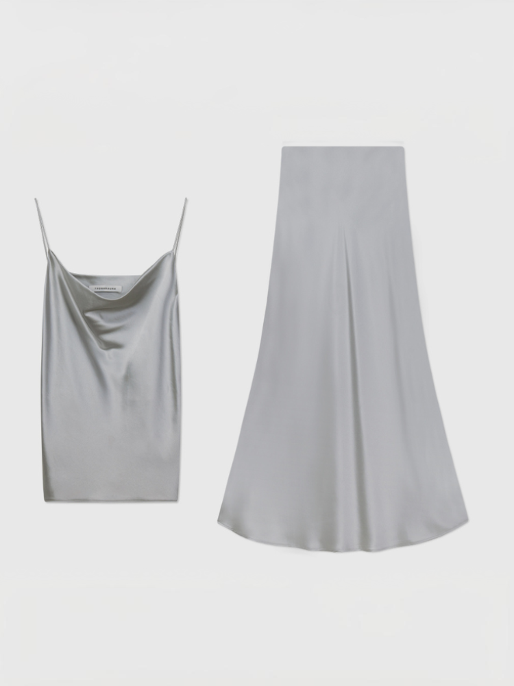 Shiny Satin Acetate Cami and Midi Skirt Set