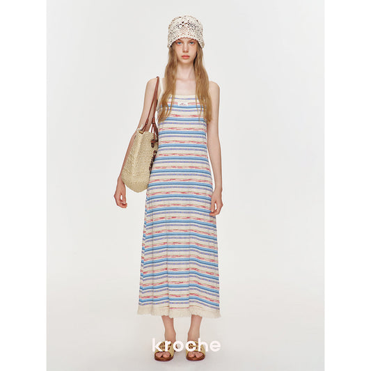 Kroche Color Blocked Tassel Striped Dress Blue And Pink