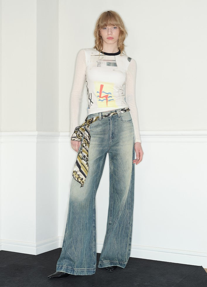 Low-waisted Loose Straight Ripped Blue Jeans RUN0035