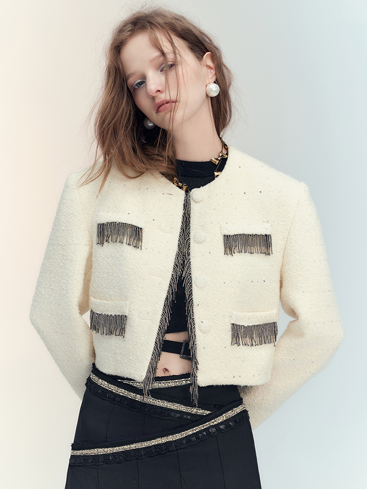 Suit Tassel Wool No-Collar Chic Classy Jacket＆Mini-Skirt