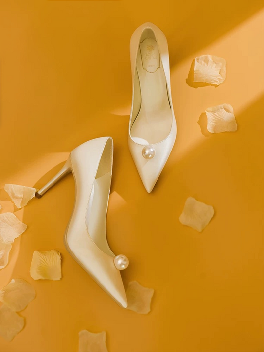 White Satin Pearl High Heels