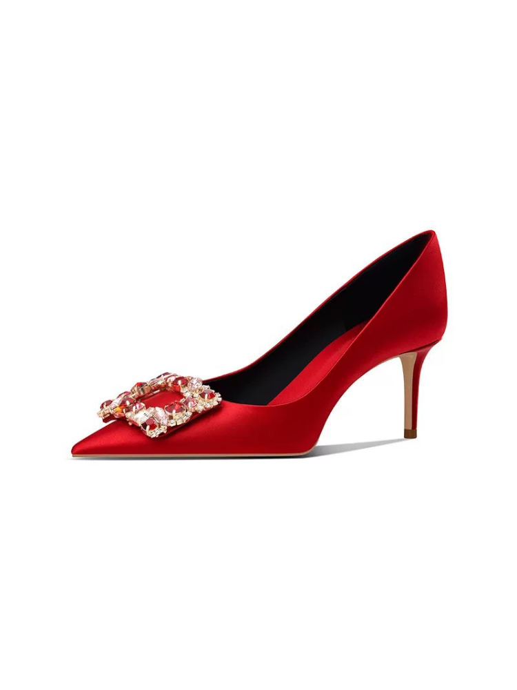 Red Rhinestone Square Buckle High Heels