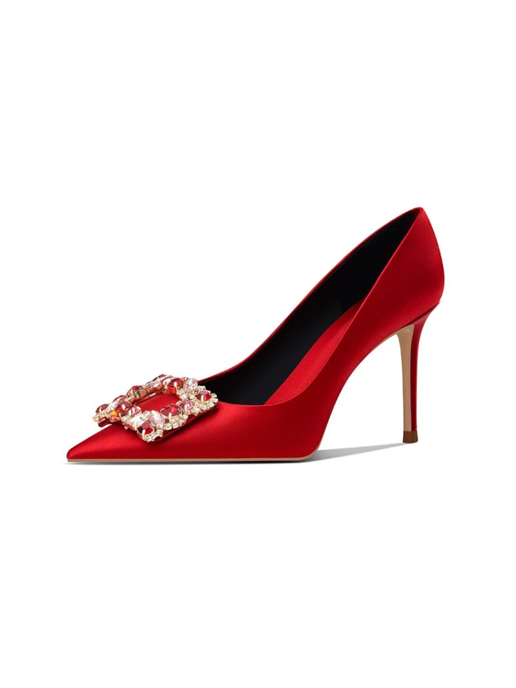 Red Rhinestone Square Buckle High Heels