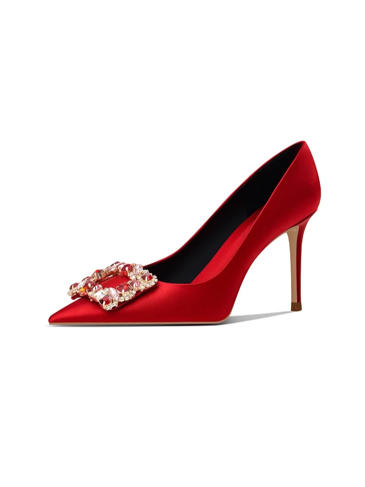 Red Rhinestone Square Buckle High Heels