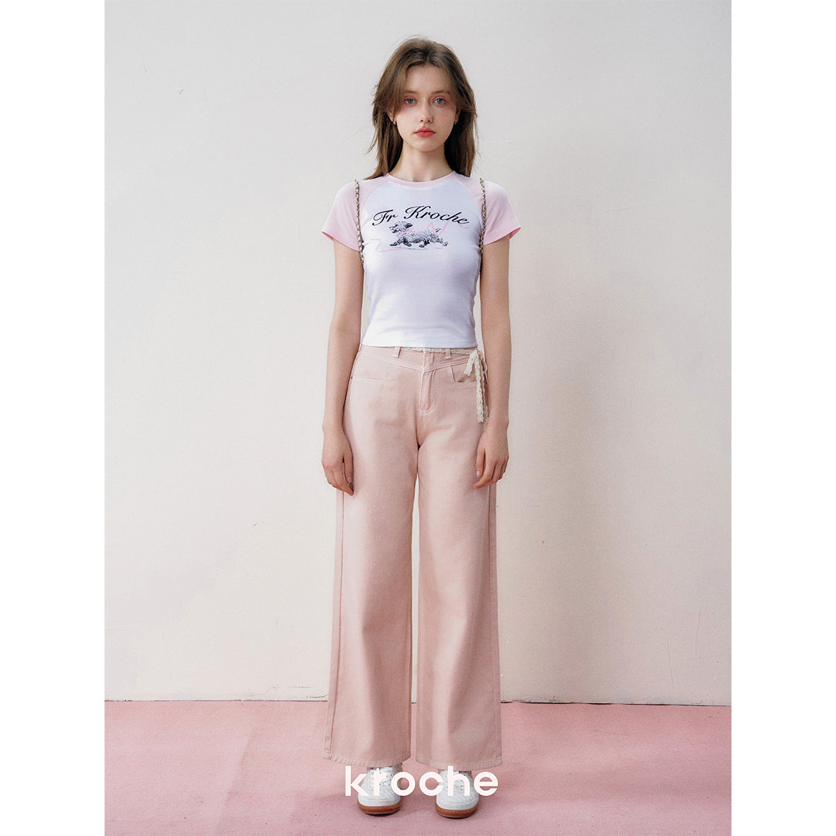 Kroche Hand Painted Puppy Raglan T-Shirt Pink