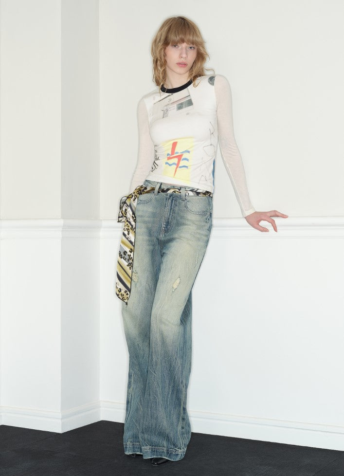 Low-waisted Loose Straight Ripped Blue Jeans RUN0035