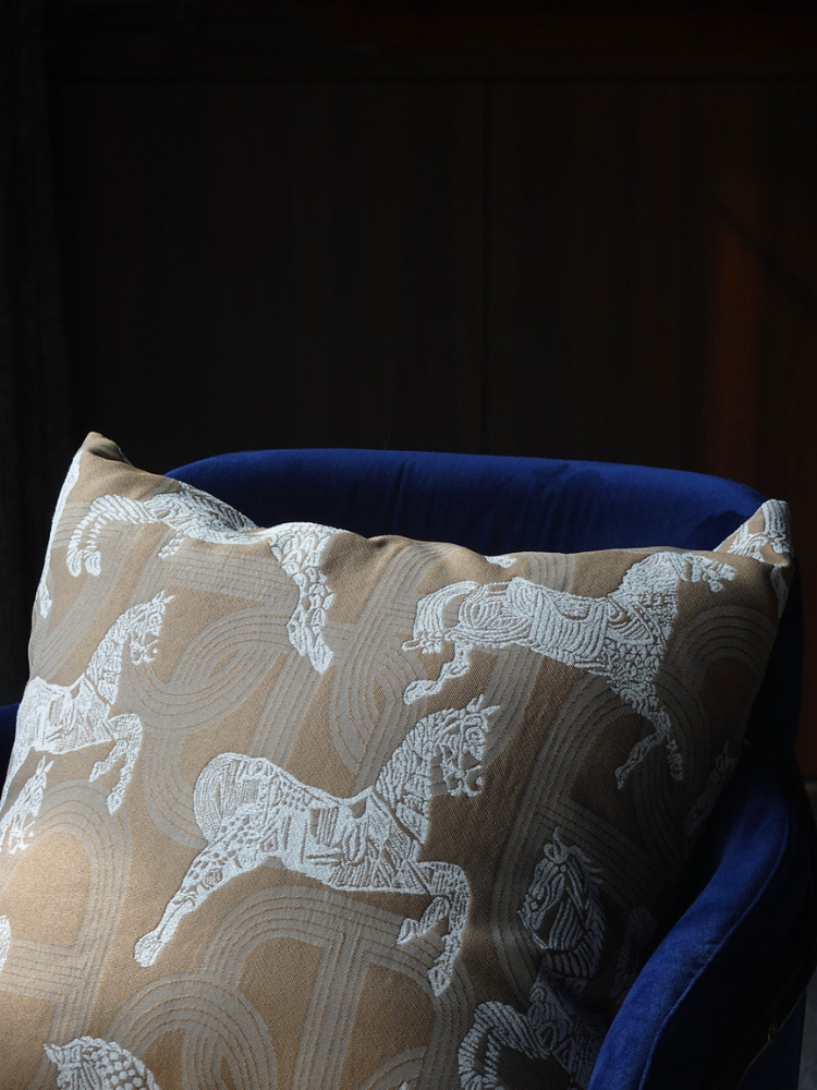 Royal Horse Embroidered Cushion in Wheat Hue