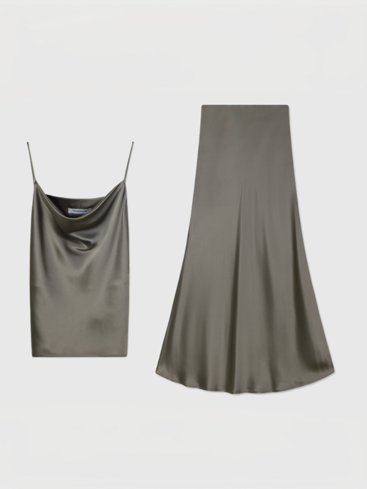 Shiny Satin Acetate Cami and Midi Skirt Set