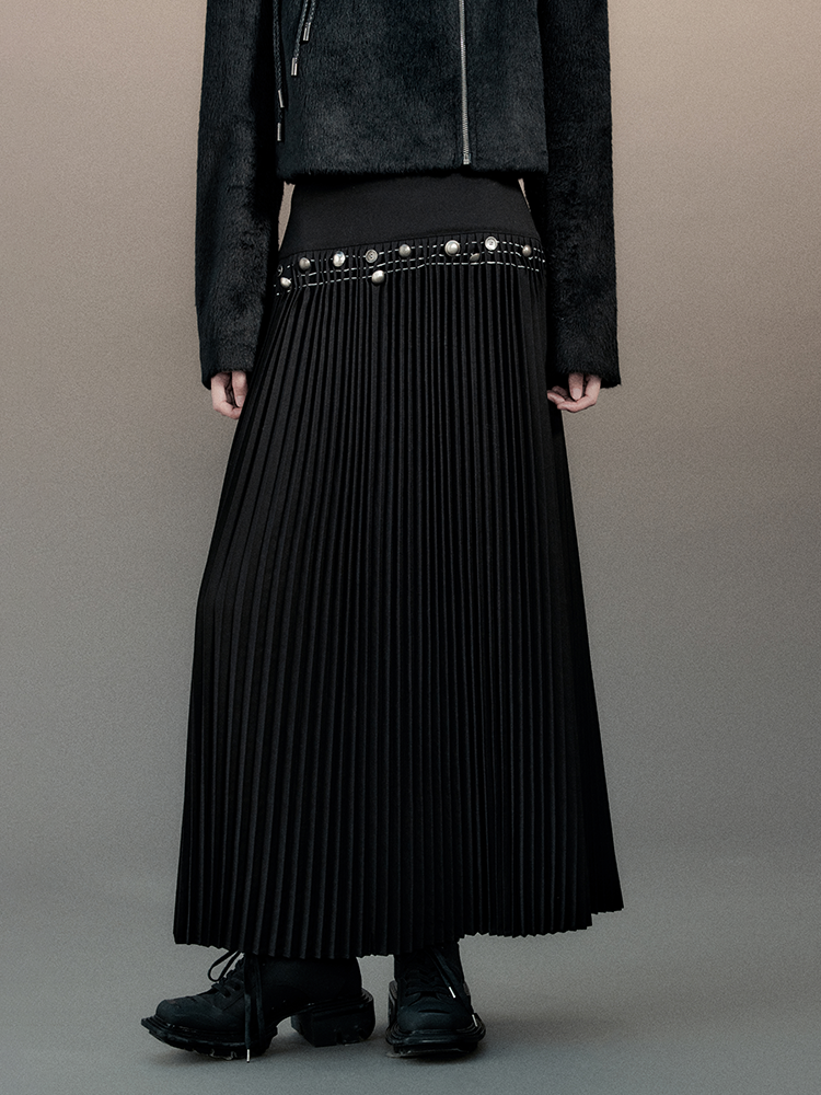 Pleats Chic Button Metal Nichi Long-Skirt