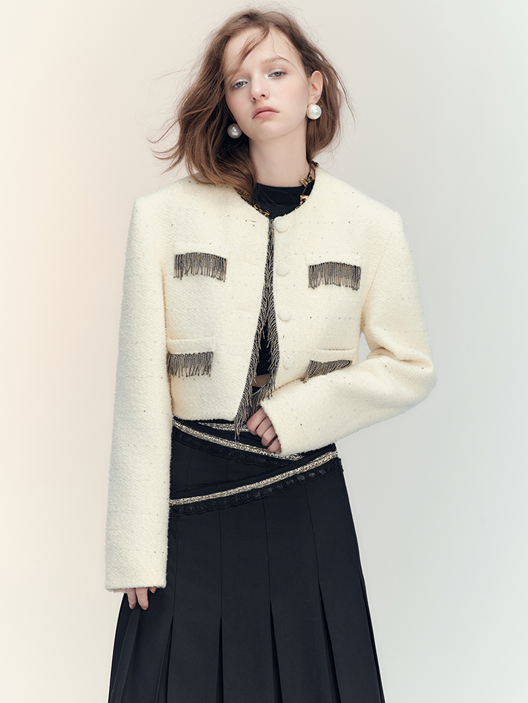 Suit Tassel Wool No-Collar Chic Classy Jacket＆Mini-Skirt