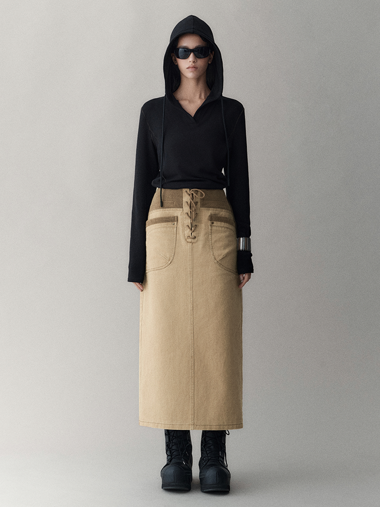 레이스업 빈티지 펜슬 레트로 타이트 롱스커트