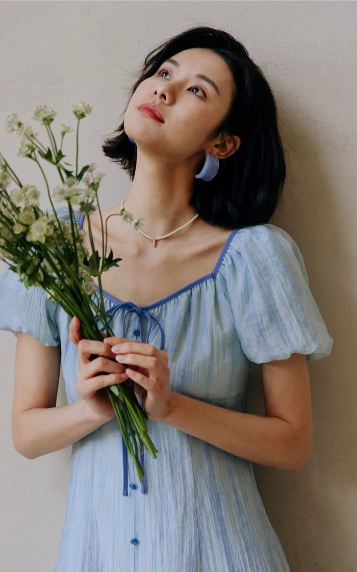 Tencel Puff Sleeve Dress in Blue