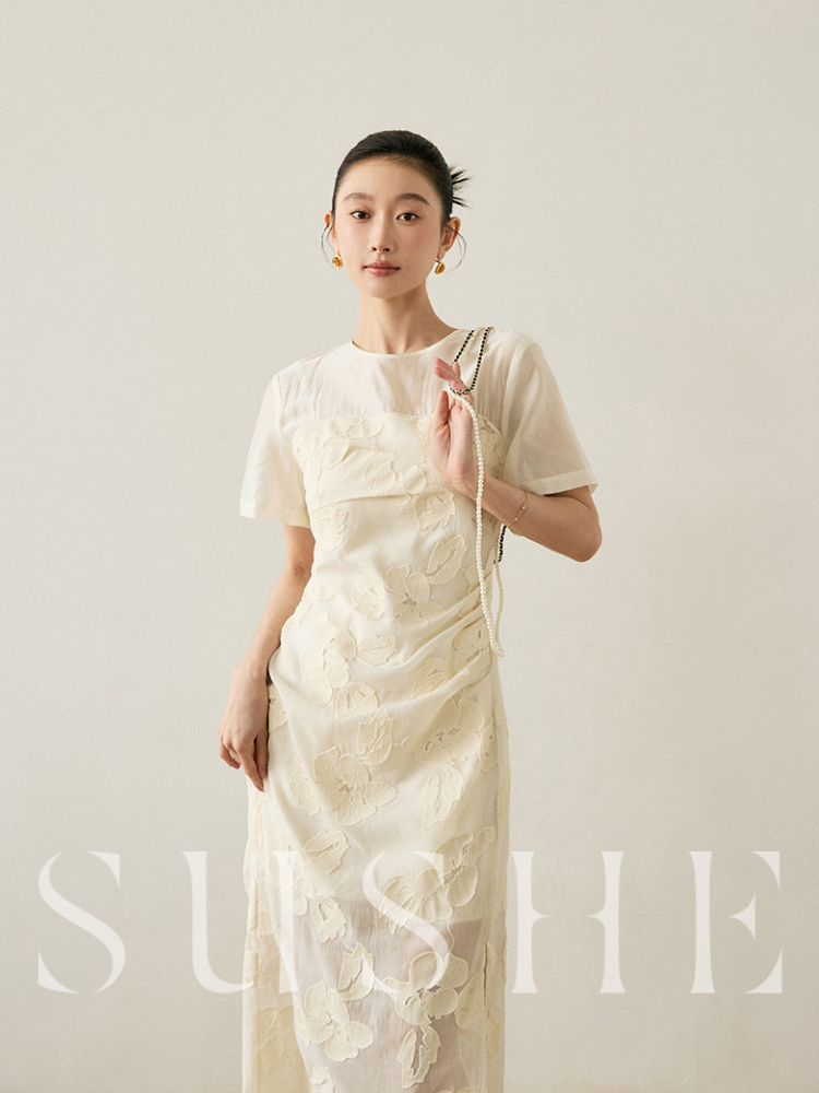 Embroidered Organza Split Hem Dress