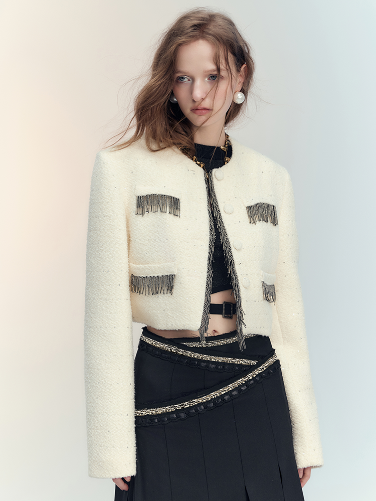 Suit Tassel Wool No-Collar Chic Classy Jacket＆Mini-Skirt