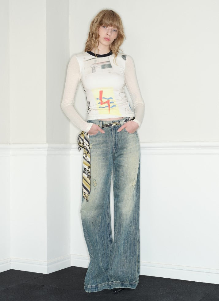 Low-waisted Loose Straight Ripped Blue Jeans RUN0035