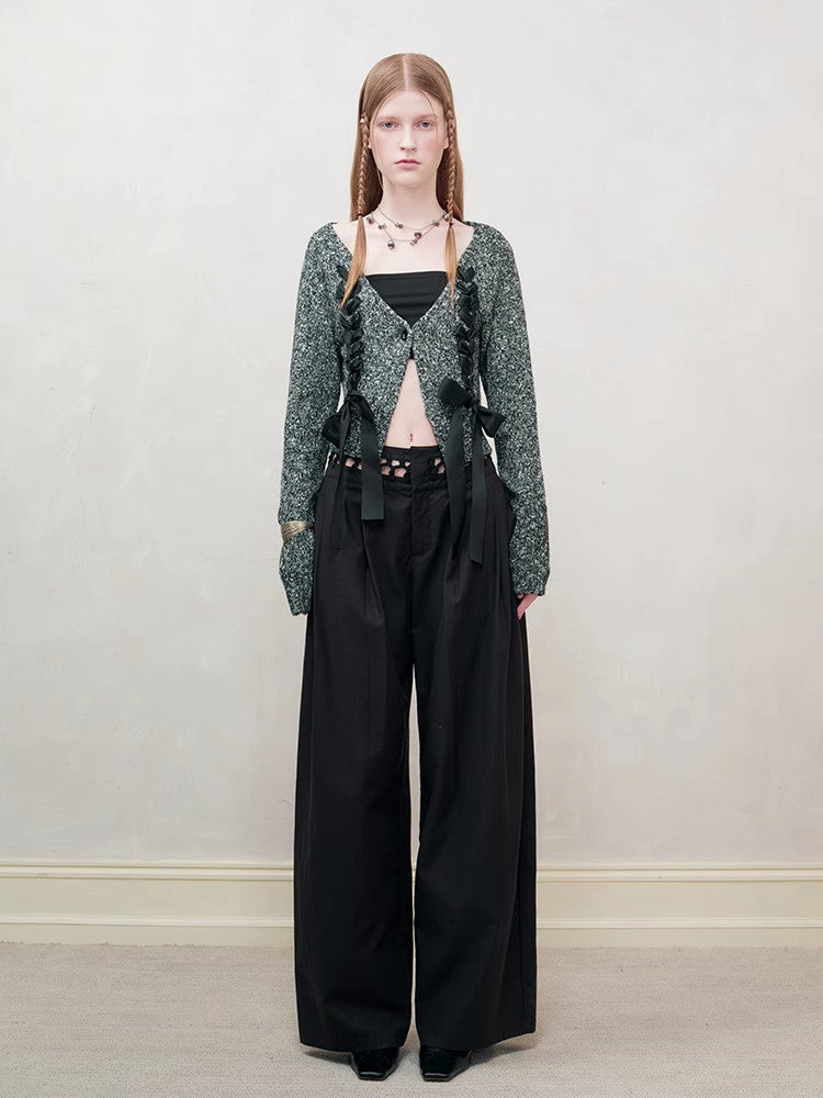 레이스업 니트 시크 브이넥 리본 가디건 