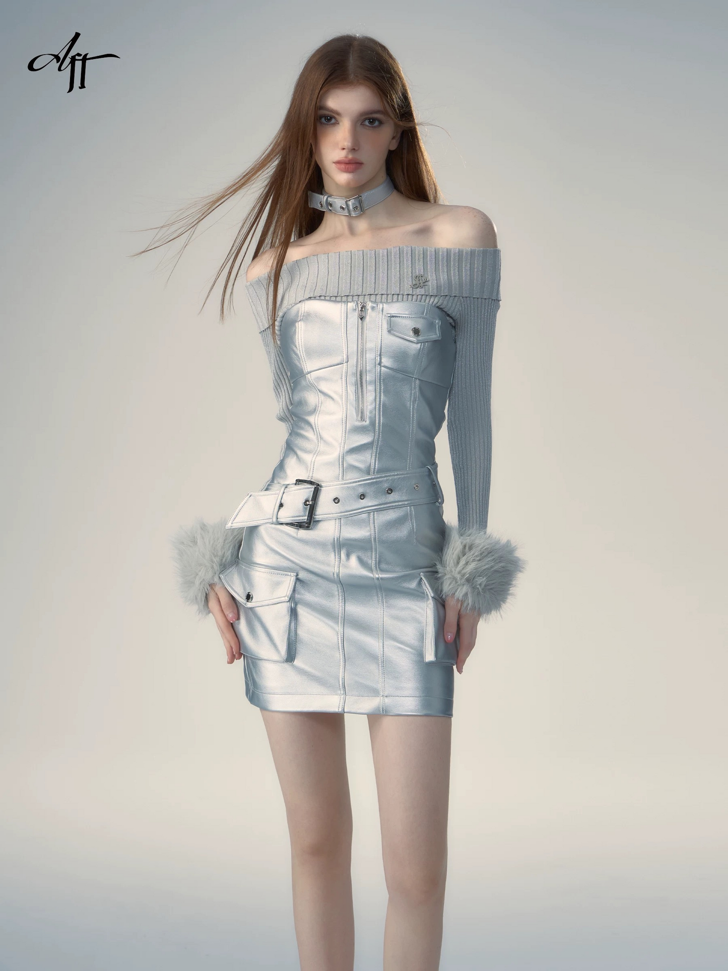 Silver Sleeveless Faux Leather Dress with Belt