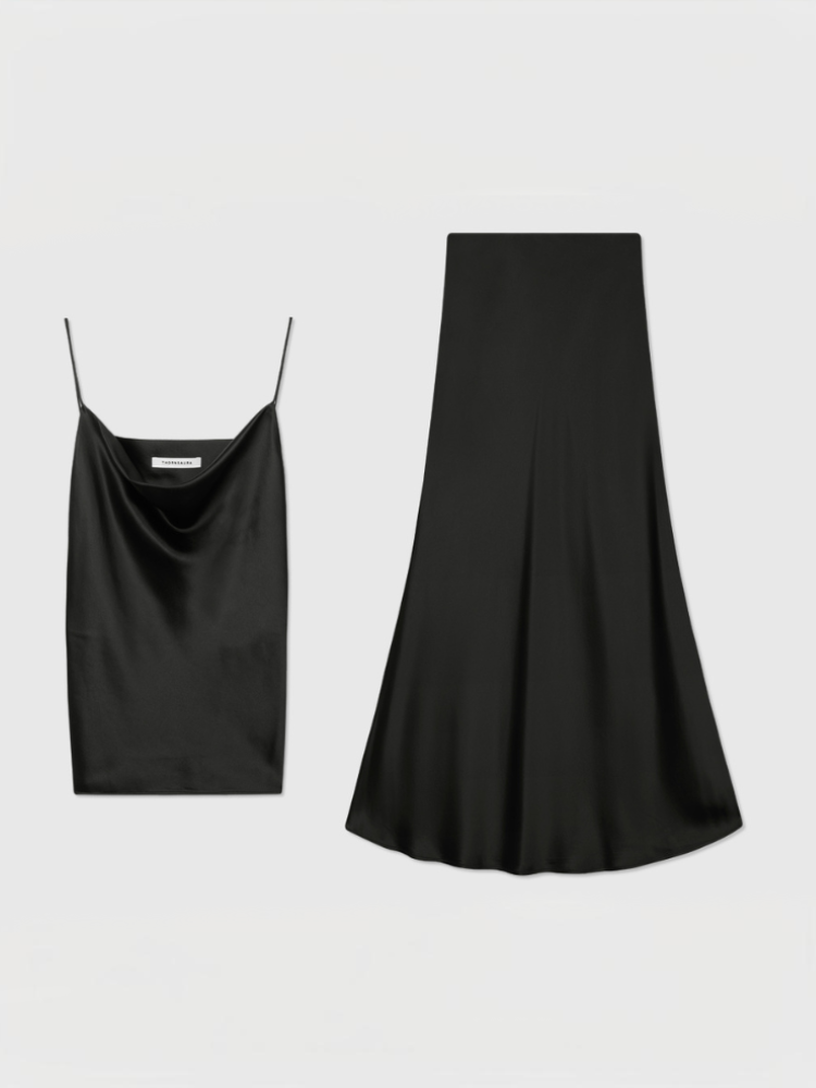 Shiny Satin Acetate Cami and Midi Skirt Set