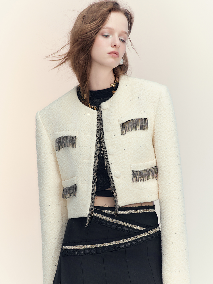 Suit Tassel Wool No-Collar Chic Classy Jacket＆Mini-Skirt