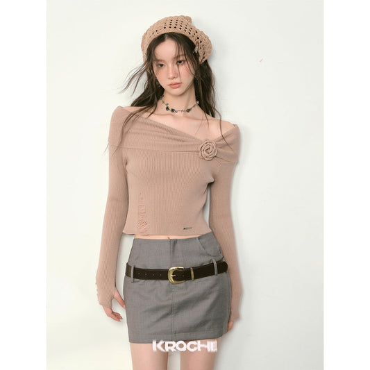 Kroche 3D Rose Off-Shoulder Knitted Top Khaki