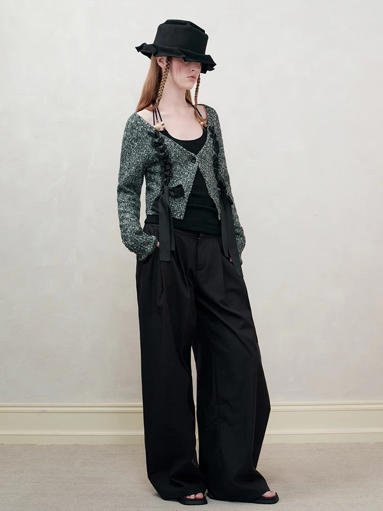 레이스업 니트 시크 브이넥 리본 가디건 