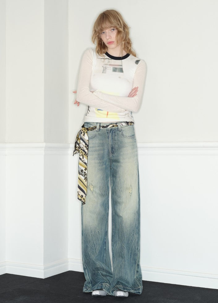 Low-waisted Loose Straight Ripped Blue Jeans RUN0035