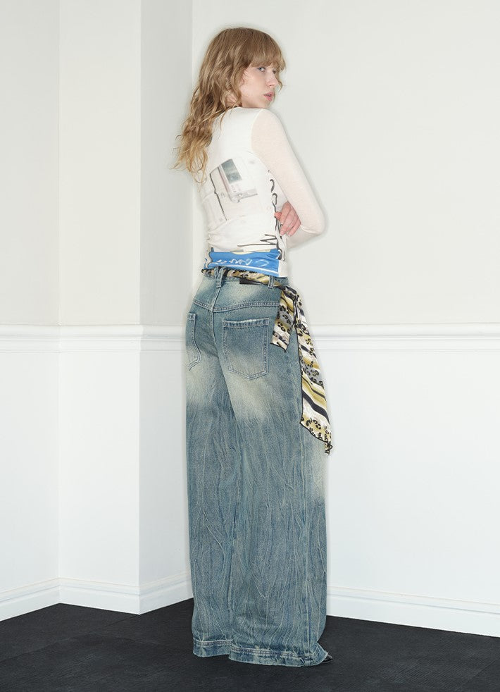 Low-waisted Loose Straight Ripped Blue Jeans RUN0035