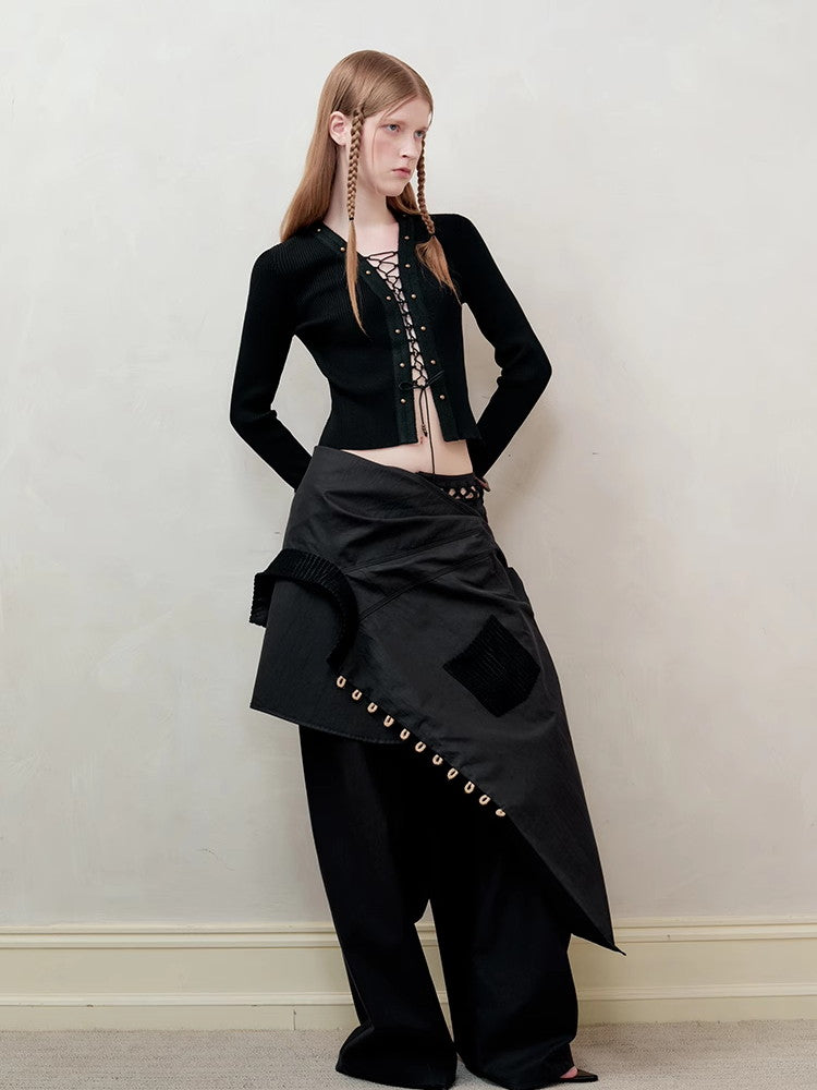 레이스업 섹시 니치 씬 니트 