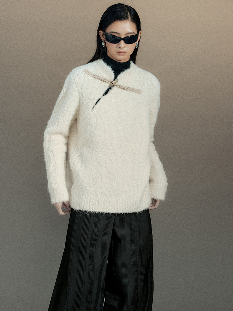 Toggle-Button Mao-Collar Nichi Chic Mohair-Knit