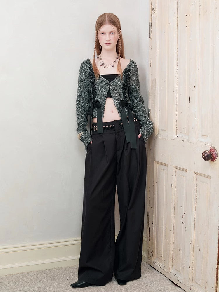 레이스업 니트 시크 브이넥 리본 가디건 