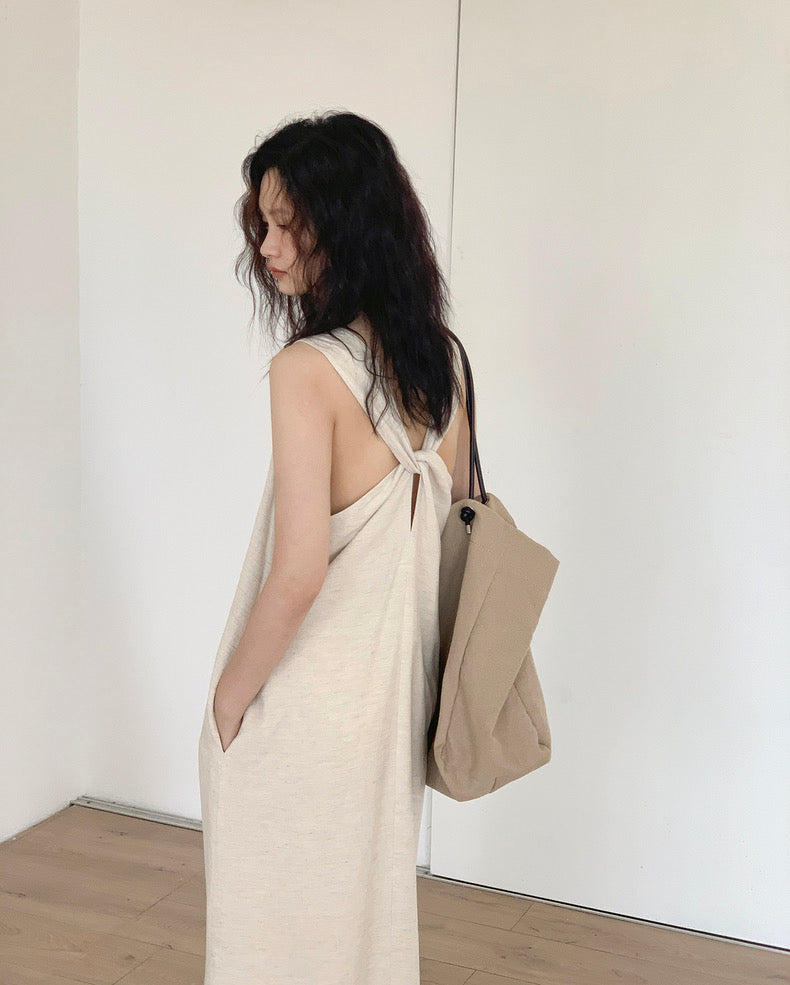 Twist Back Pocket Maxi Dress in Off White