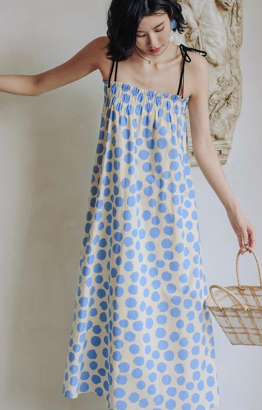 Polka Tie Strap Maxi Dress in Blue/Cream