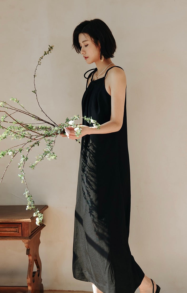 Ribbon Tie Maxi Dress in Black