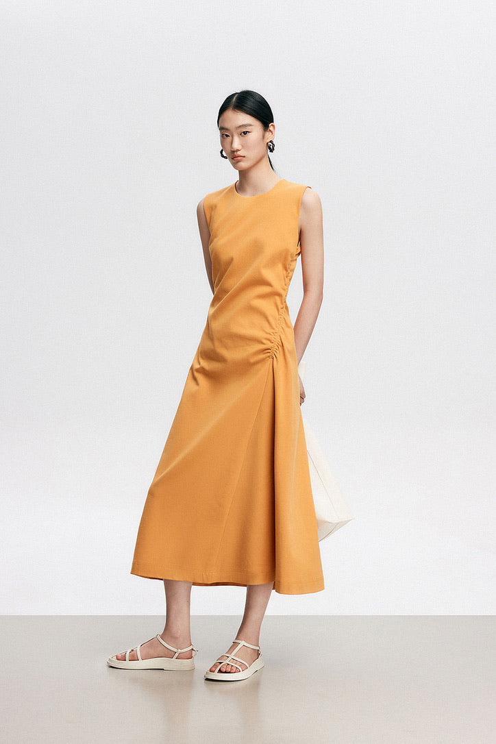 Sleeveless Side Shirring Midi Dress in Mustard