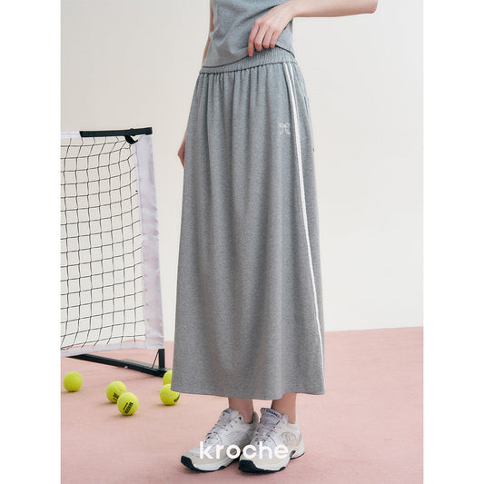 Kroche Bow Embroidery Side Sewn Long Skirt Gray