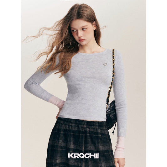 Kroche Color Blocked Cuff Woolen Knit Top Grey