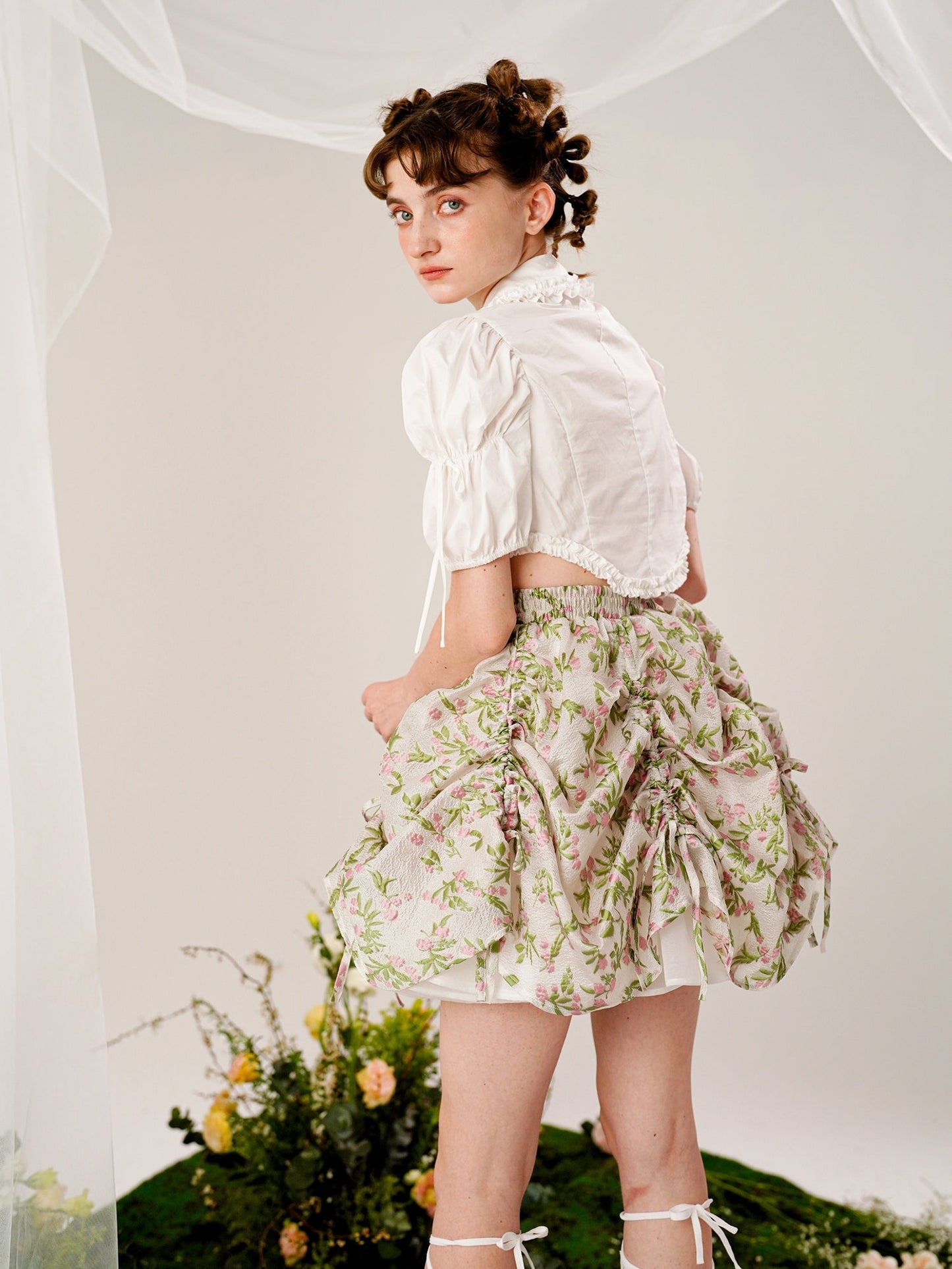 Tutu Floral Drawstring Irregular Puff Skirt