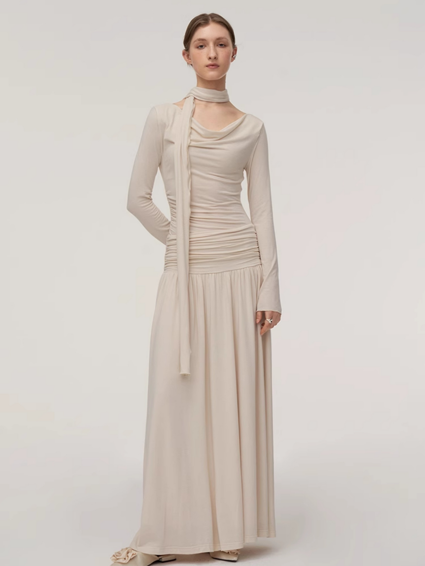 Soft Draped Cowl Neck Ruched Halter Maxi Dress