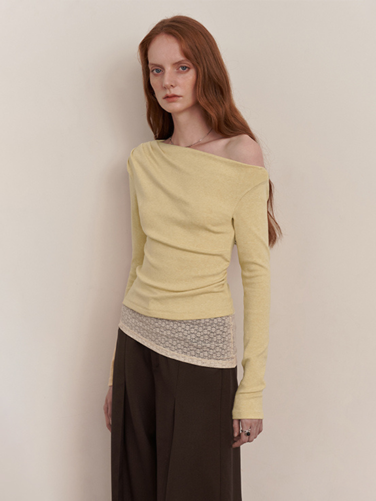 Asymmetrical Lace-Trim Knit Top with Draped Cowl Neck