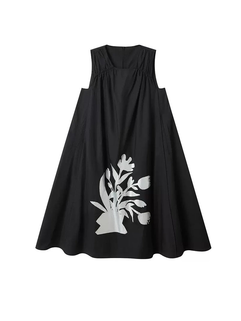 Silver Flower Pot Print Sleeveless A-line One-piece