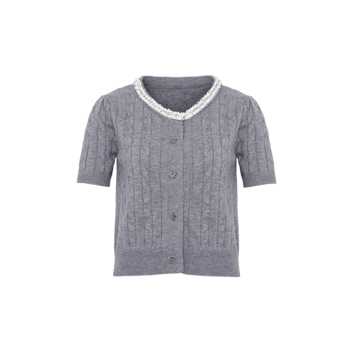 Kroche Pearl Collar Woolen Short Sleeved Cardigan Grey