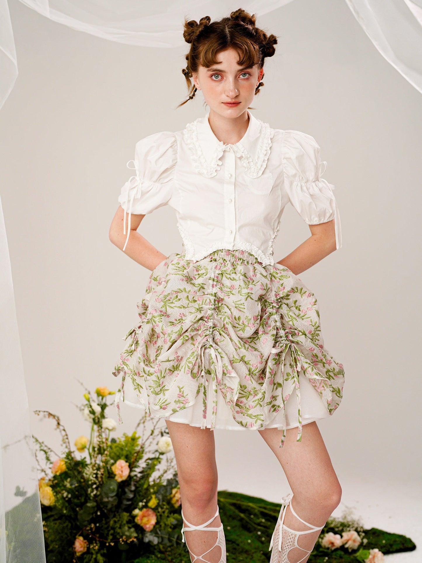 Tutu Floral Drawstring Irregular Puff Skirt