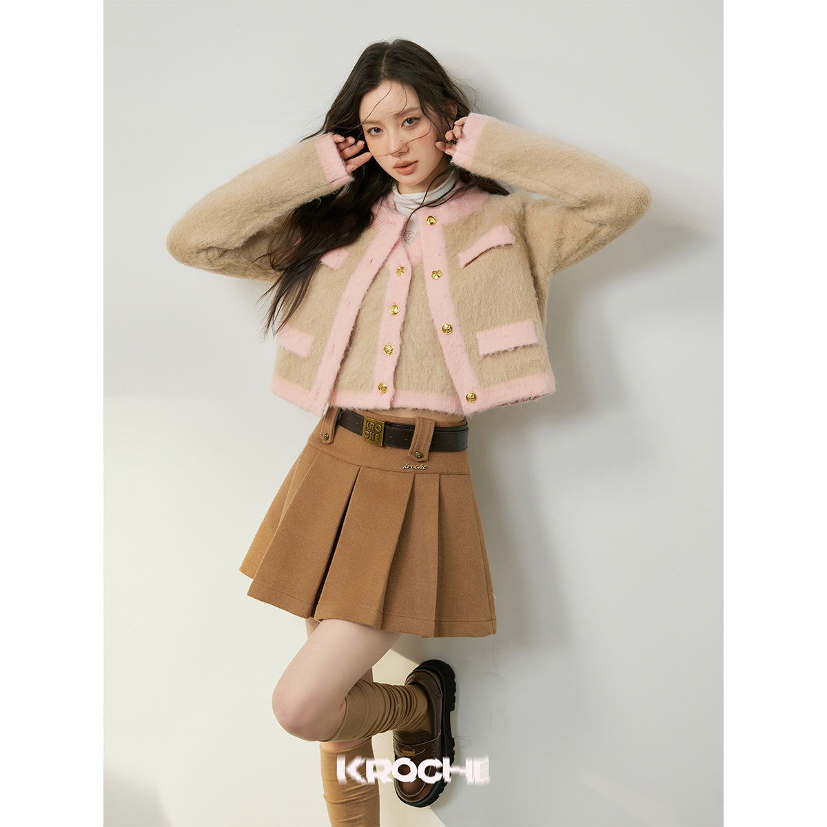 Kroche Vintage Woolen Pleated Skirt Brown