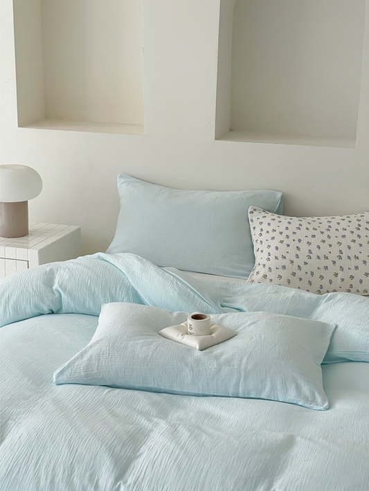 Mint Maiden: Light Blue Double-Layered Cotton Bedding Set