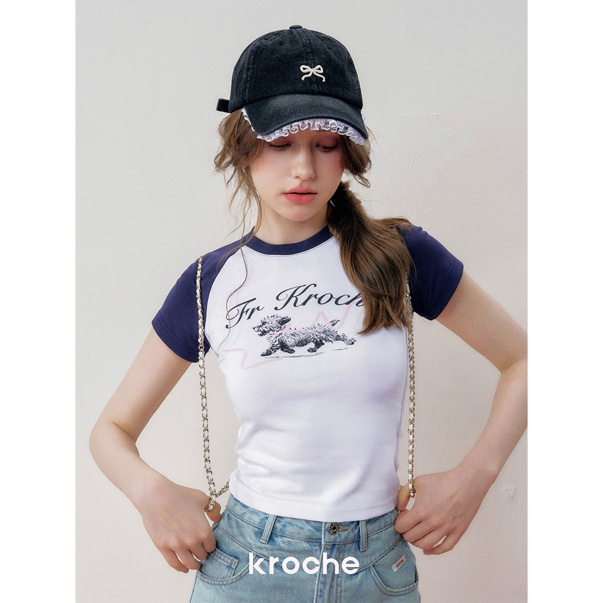 Kroche Hand Painted Puppy Raglan T-Shirt Navy Blue