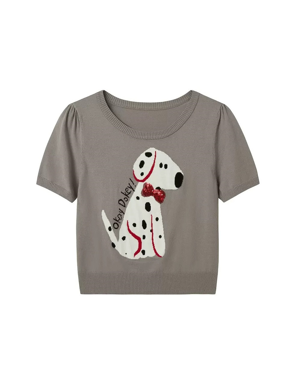 Round Neck Short-sleeved Spotted Dog Knitted Top