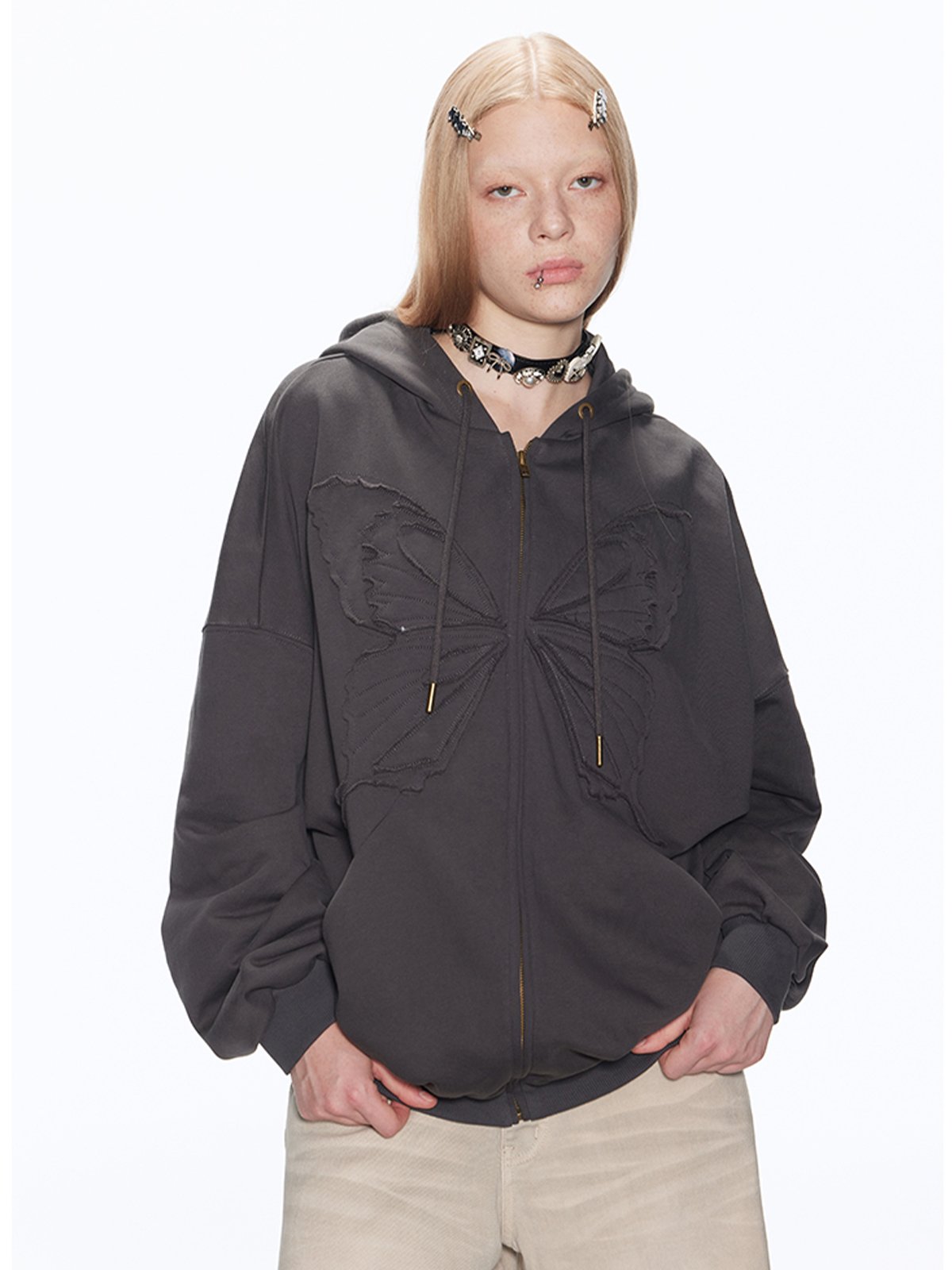 Butterfly Oversized Long-Sleeve Zip-Up Hoodie RUN0023