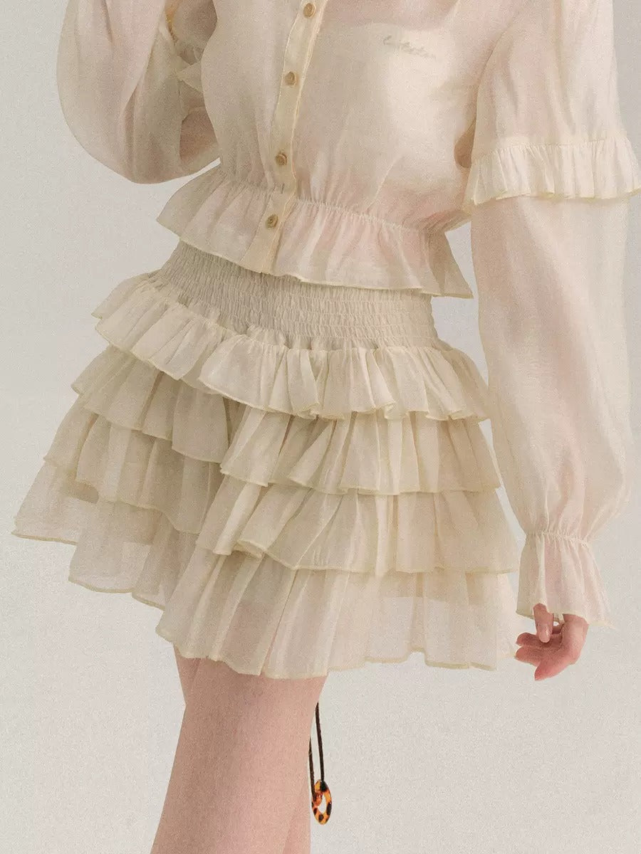 Shimmer Ruffle Collar Shirt & Cake Skirt