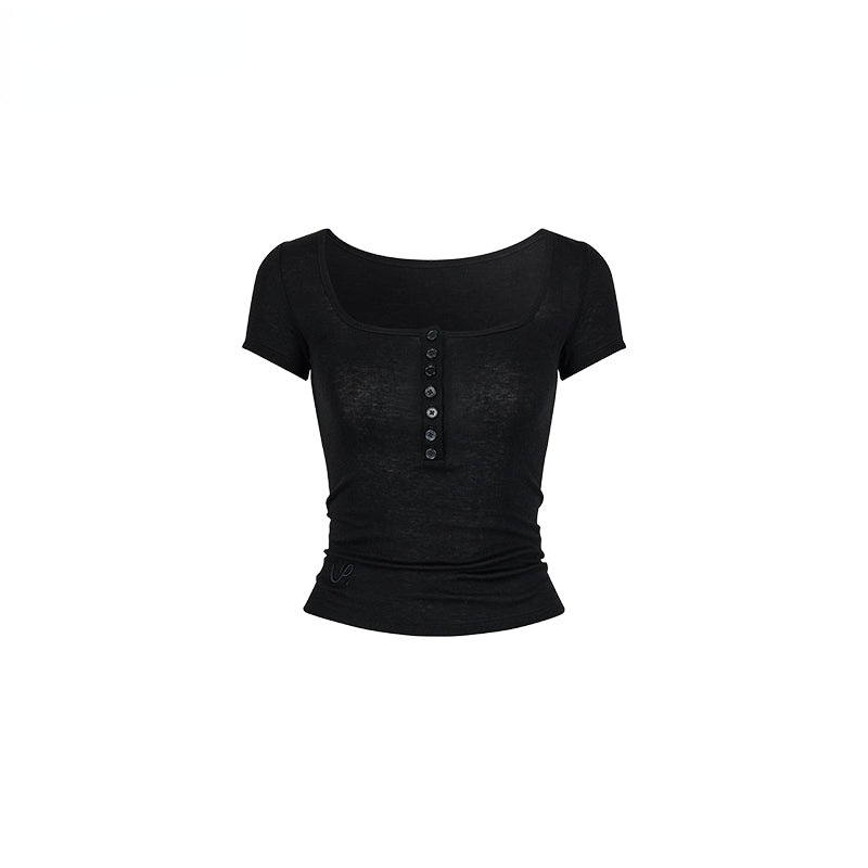 Black & grey Henley Collar Embroidered Short-sleeve