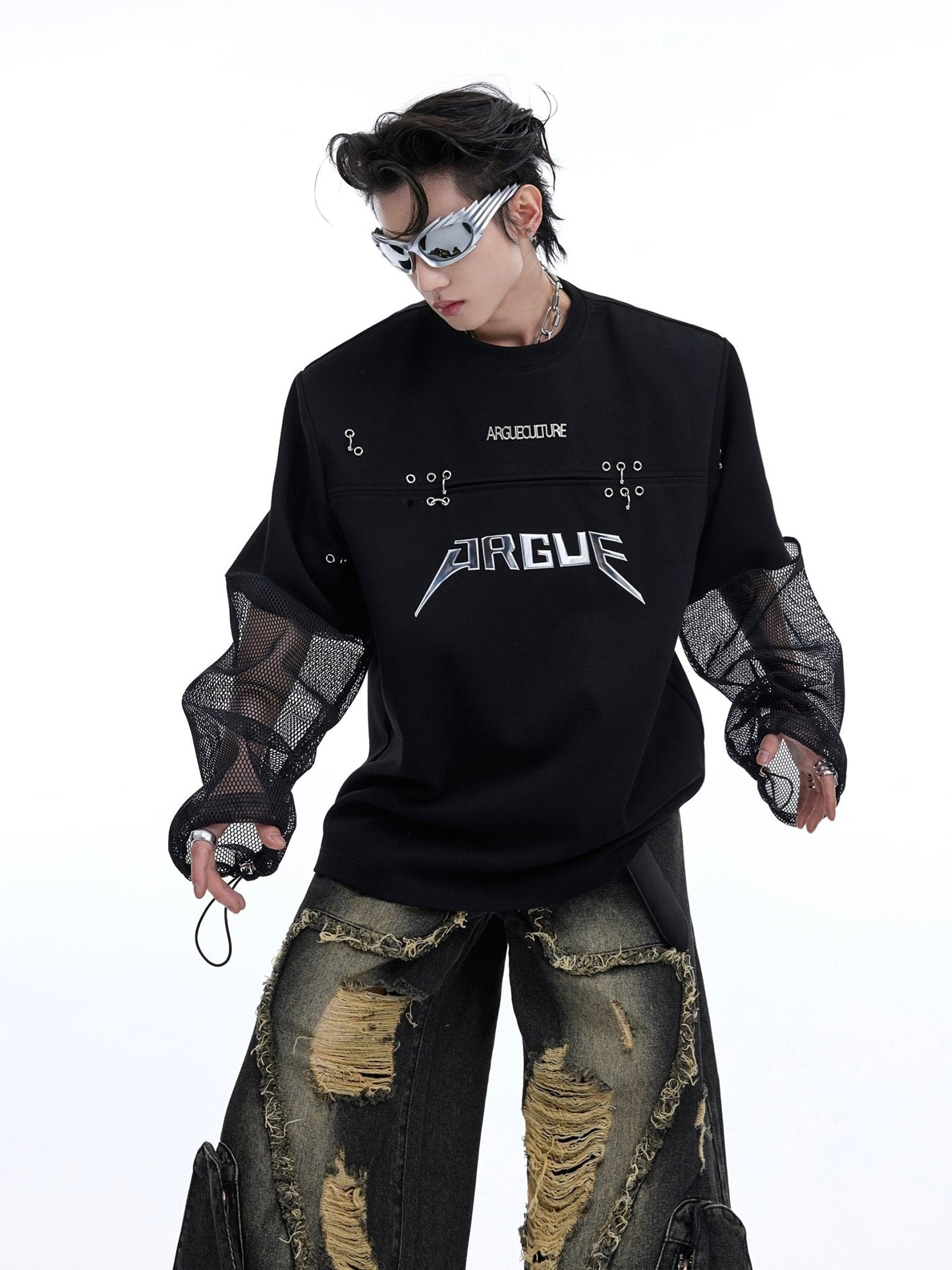 2-in-1 Mesh Spliced Long Sleeve T-Shirt with Metallic Print for Summer